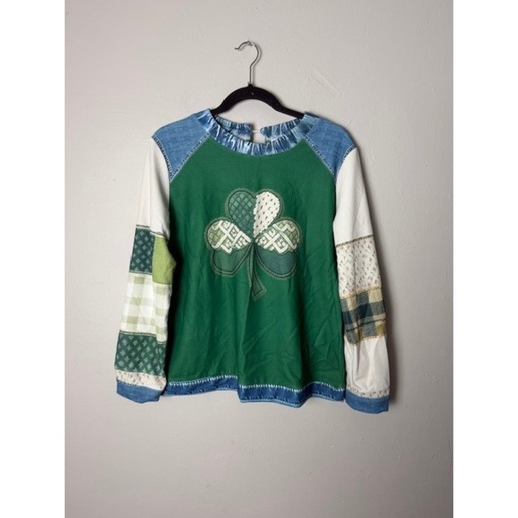 Unbranded Tops - Womens St Patricks Day Shamrock Patchwork Top Green Long Sleeve Small